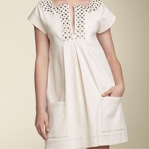 Diane von Furstenberg Fraser A Line Linen Blend Studded Cap Sleeve Pleated Dress